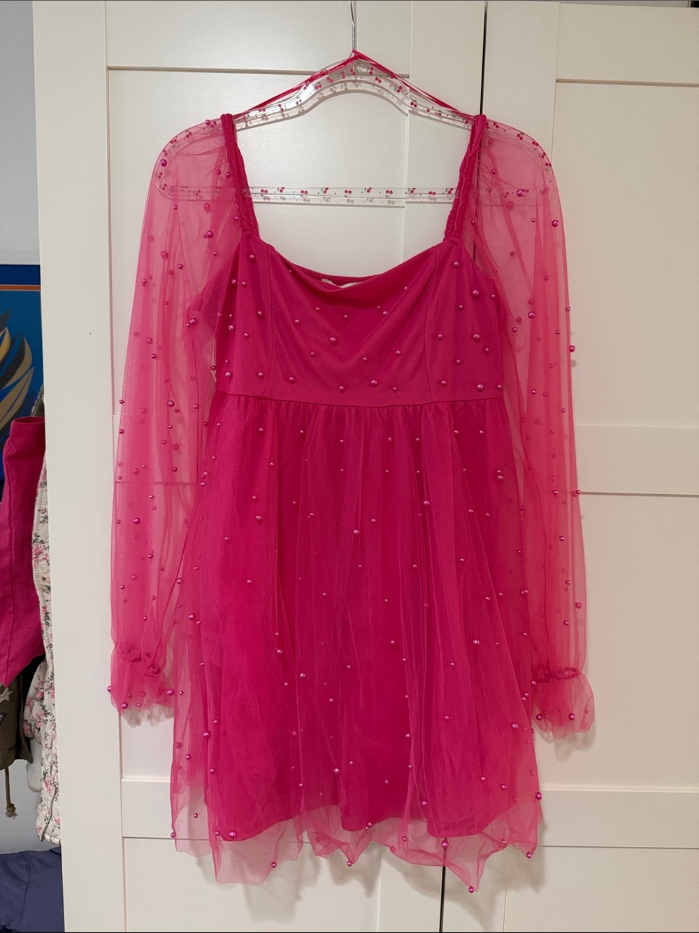 Women's Pink Beaded Tulle Midi Dress